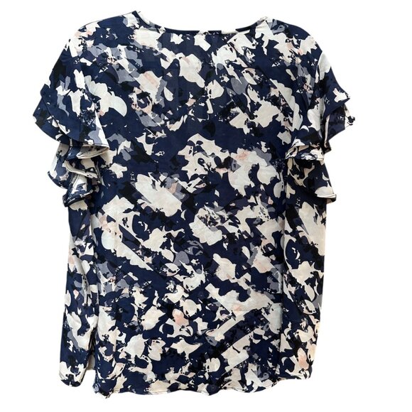 Cynthia Rowley Blouse Floral Print Ruffle Sleeve Blue White 1/4 Button‎ Front 2X - Picture 4 of 7